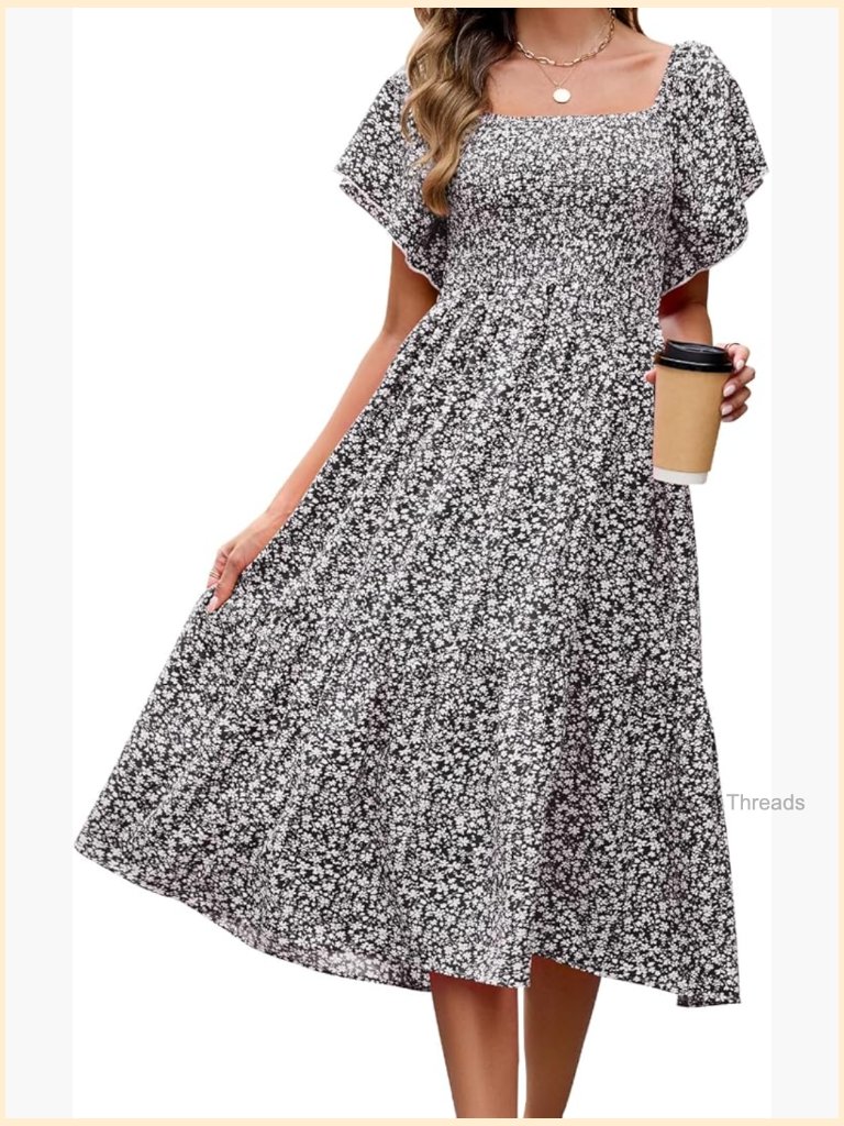 Summer Casual Floral Midi Sundress Short Sleeve Square Neck Boho Smocked Beach